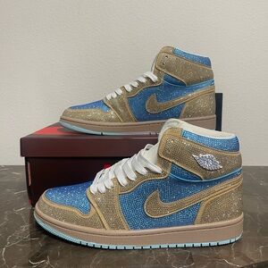 New! Unworn! Custom Blue and Gold Iced Out Blingged Nike Air Jordan 1 with white